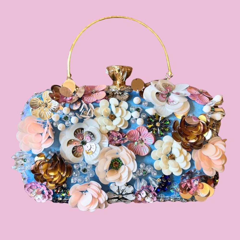 bebe Floral Embellished Blue Clutch with Gold Handle